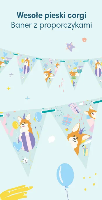 Nasze banery z proporczykami o jasnoniebieskim tle zostały ozdobione zabawnymi ilustracjami i motywami, kolorowymi kształtami, prezentami i balonami oraz wesołymi pieskami corgi!