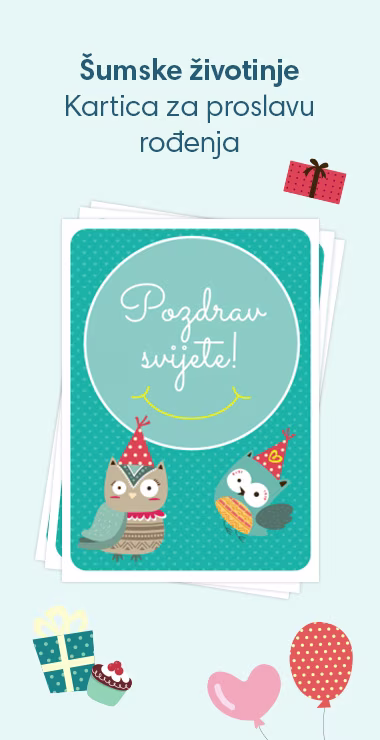 Slavljeničke kartice za proslavu rođenja vaše bebe. Ukrašene veselim motivima uključujući dvije sovice i poruku: Zdravo svijete!