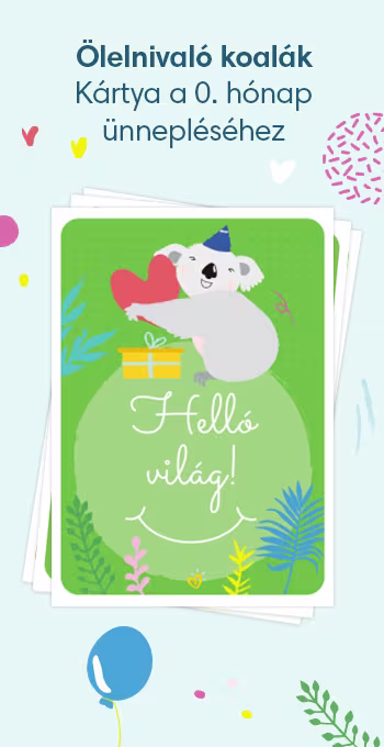 Nyomtatható kártya kisbabád születésének megünneplésére. Vidám motívumokkal – például ölelnivaló koalával –, valamint az alábbi ünnepi felirattal: Helló világ!