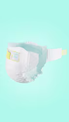 Closed Pampers taped diaper with clickable points highlighting ingredients area.