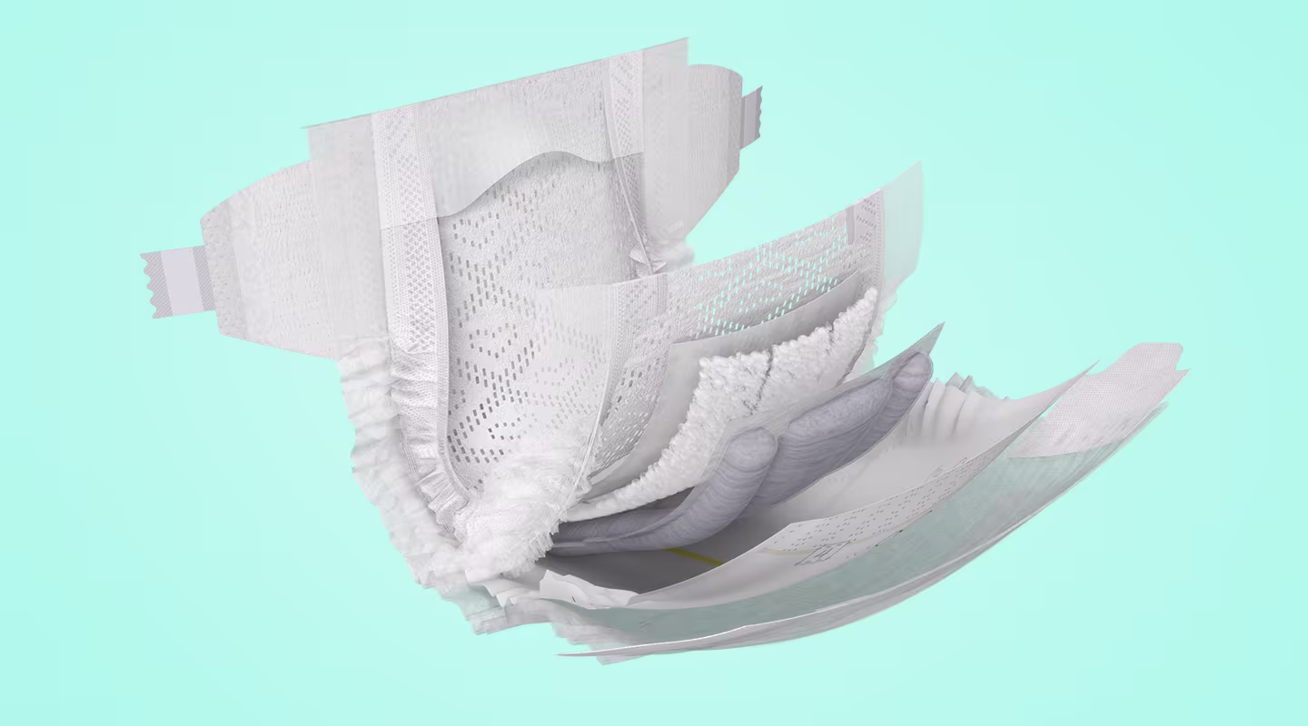 Open Pampers taped diaper showing the inside, with clickable points highlighting ingredients area. 