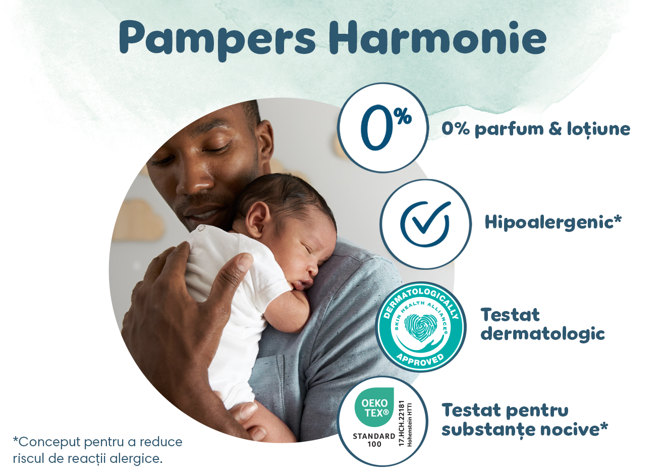 O persoană ține un nou-născut la piept. Textul spune: Pampers Harmonie scutece conțin 0% parfum și loțiune, sunt hipoalergenice și aprobate dermatologic de dermatologii Skin Health Alliance, testate pentru impurități și certificate de OEKO-TEX ca Standard 100, 17.HCH.22181 Hohenstein HTTI, www.oeko-tex.com.