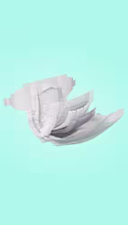 Open Pampers taped diaper showing the inside, with clickable points highlighting ingredients area.