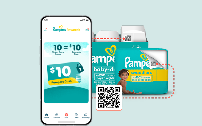 Image of the Pampers Rewards app with the QR code inside the pack