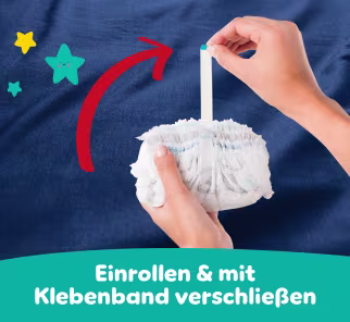 Eine Hand hält die eingerollte Pants und die andere hält das Klebeband noch oben, um die einfach Entsorgung zu verdeutlichen.