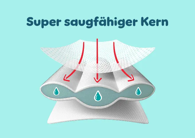 Abbildung einer Pants zeigt den 3X Schutz dank 1) Stop & Schutz Täschchen 2) 360° Bauchbündchen und 3) Doppelten Beinbündchen