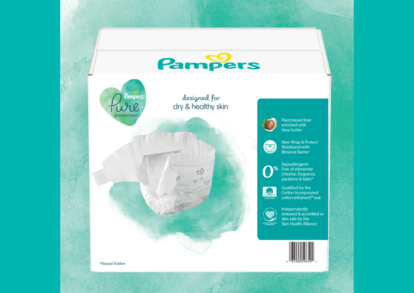 Image de l’arrière de la boîte Pampers Pure avec toutes les caractéristiques des couches illustrées