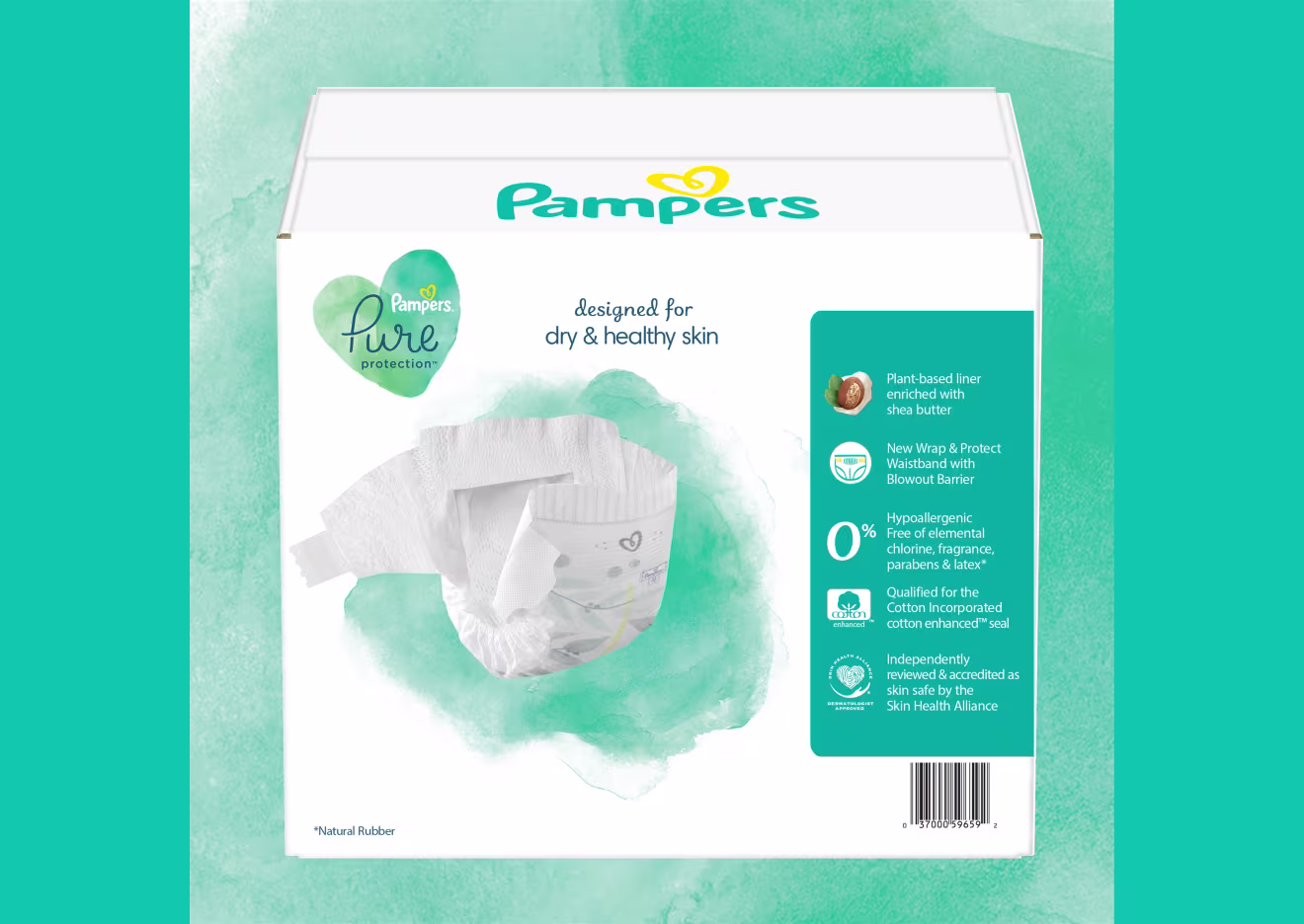 Image de l’arrière de la boîte Pampers Pure avec toutes les caractéristiques des couches illustrées