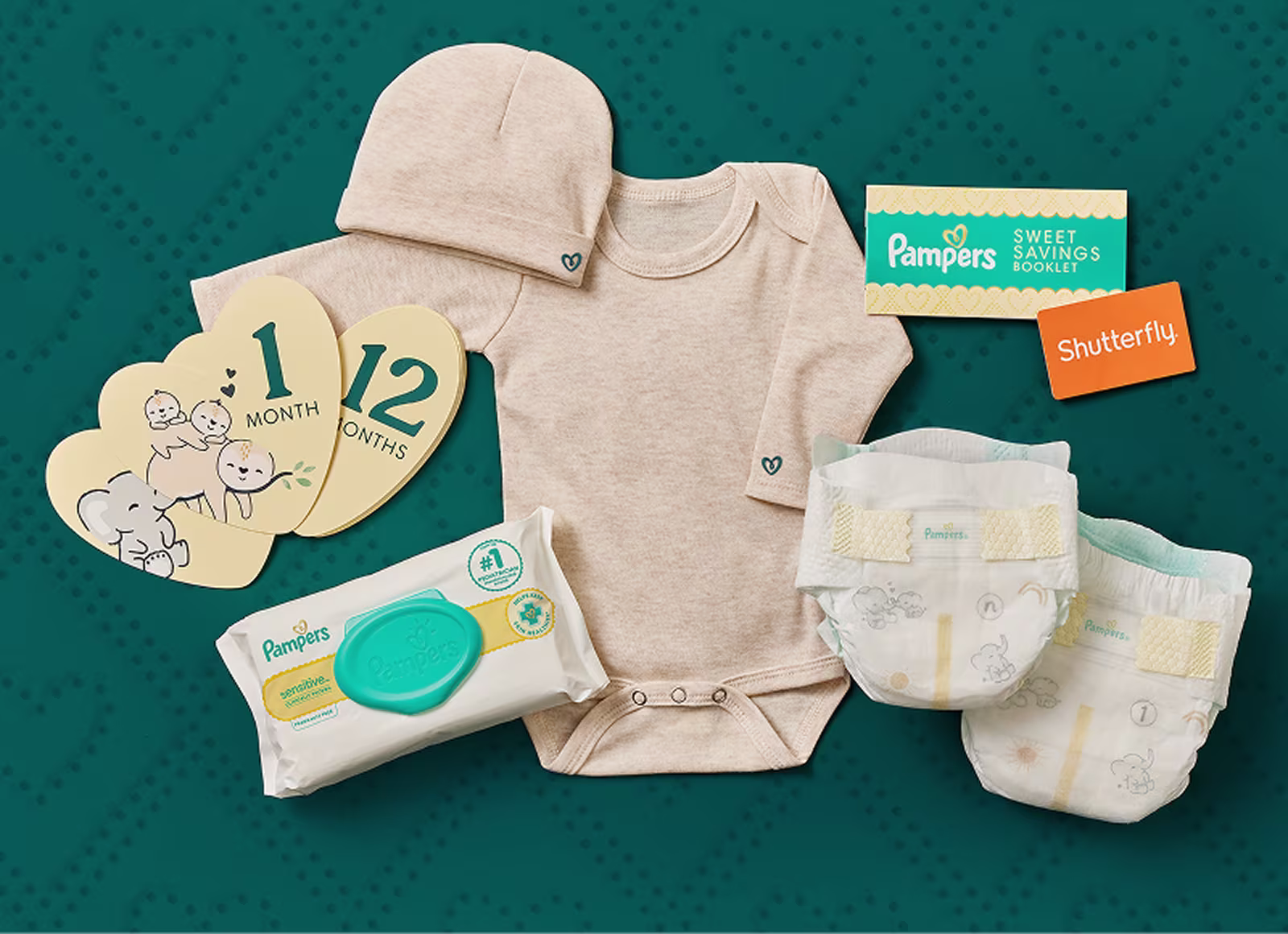Image of everything included in the gift set; pampers diapers, wipes, onesie, hat, monthly milestone cards and savings 