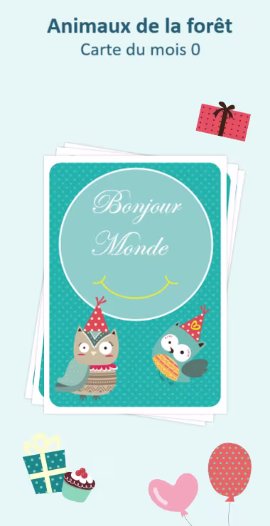 Cartes imprimées pour célébrer la naissance de votre bébé. Décorées avec des motifs joyeux, dont deux chouettes de la forêt et une note de célébration : Bonjour le Monde !
