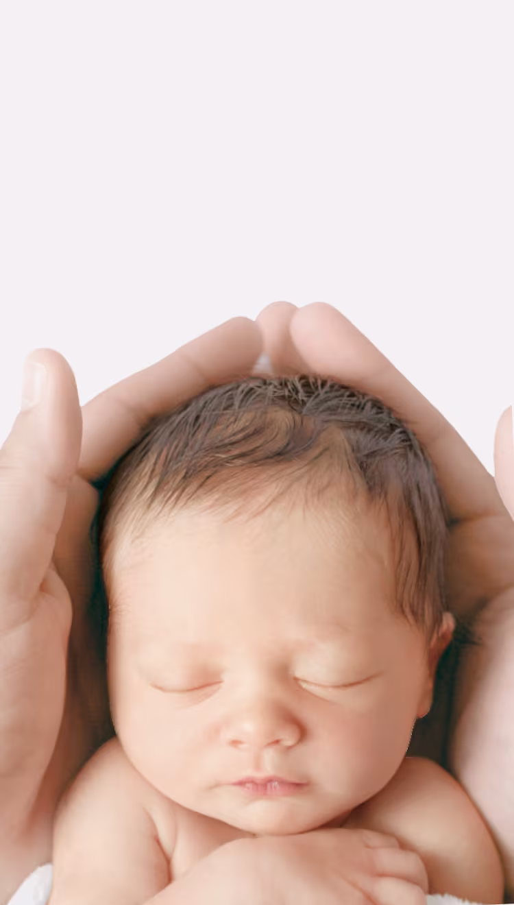 Um par de mãos suaves segura cuidadosamente a cabeça de um recém-nascido que dorme contra um fundo claro.