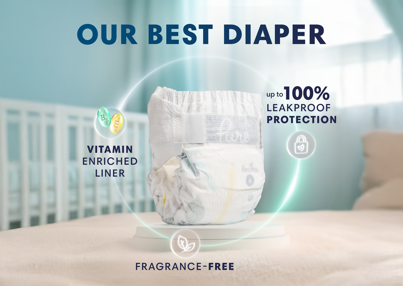 Our best diaper. Vitamin enriched liner, fragrance-free, up to 100% leakproof protection