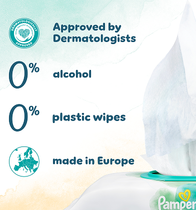 A close-up shot of Pampers Harmonie Protect & Care baby wipes being pulled from the pack and list of certifications.