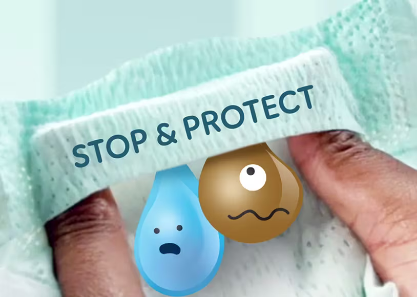 A close-up shot shows two hands gently pulling apart a Pampers nappy, revealing Stop & Protect pocket