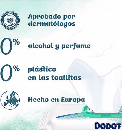 Un primer plano de las toallitas Dodot Pure Cuida & Protege siendo sacadas del paquete y la lista de certificaciones.