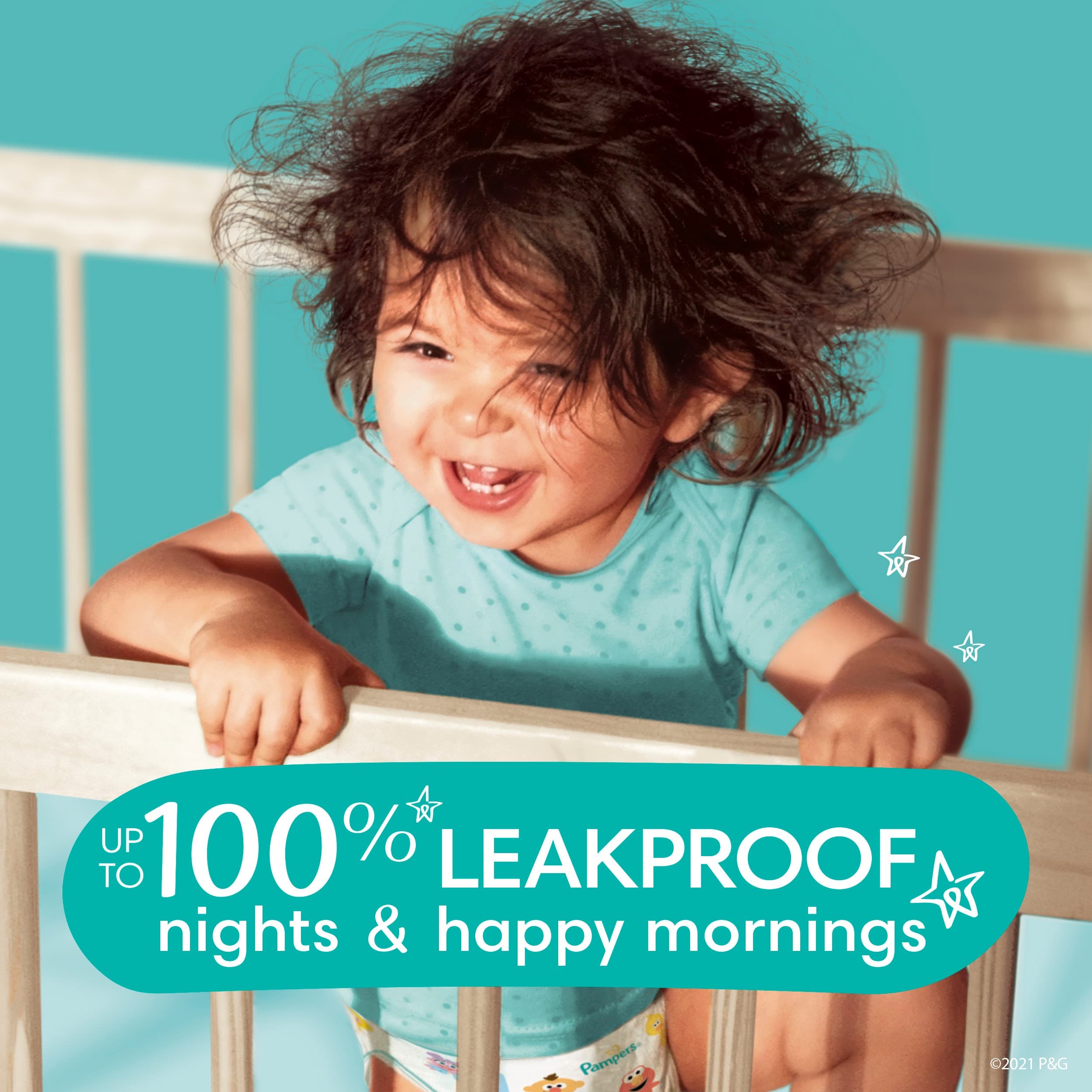 Enjoy up to 100% leakproof nights and happy mornings with Pampers Baby Dry