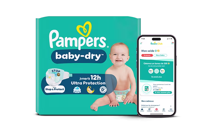 Logo Pampers Club et paquet de couches avec l’application Pampers Club affichée sur un téléphone.
