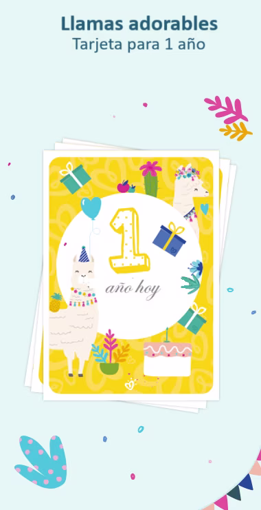 Tarjetas impresas para celebrar el 1er cumpleaños de tu bebé. Decoradas con alegres motivos que incluyen la adorable llama y una nota de celebración: ¡Hoy cumple 1 año!