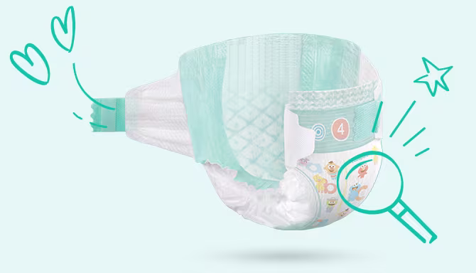 Vue complète de nos couches Pampers Baby-Dry et de ses différents composants : cœur absorbant, oreillettes élastiques, système de fermeture à la ceinture et bande indicateur d’humidité. Nos couches sont illustrées par des motifs amusants de Sesame Street.