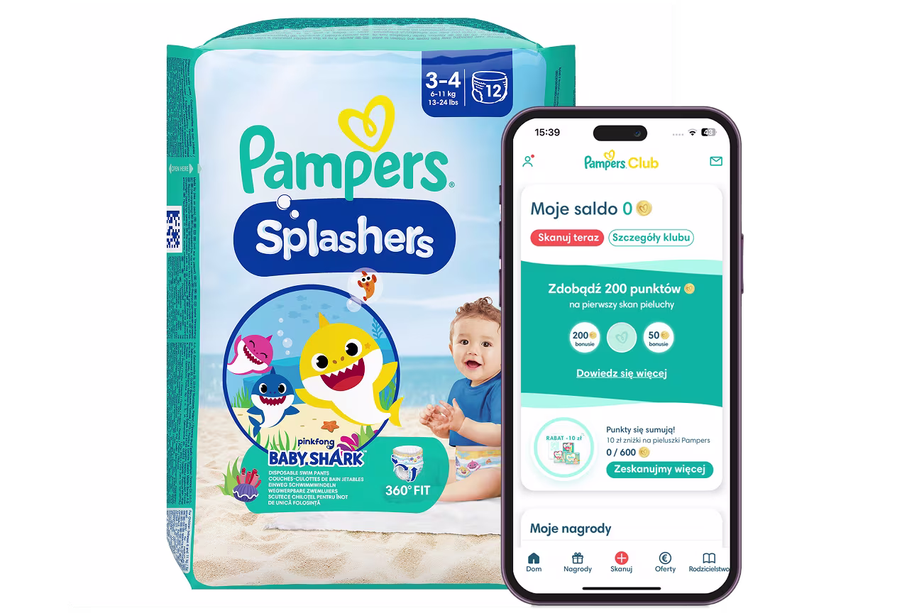 Logo Pampers Club i opakowanie pieluszek z aplikacją Pampers Club pokazaną na telefonie