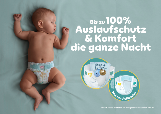 Schlafendes Baby mit Pampers Baby-Dry. Bis zu 100% Auslaufschutz die ganze Nacht