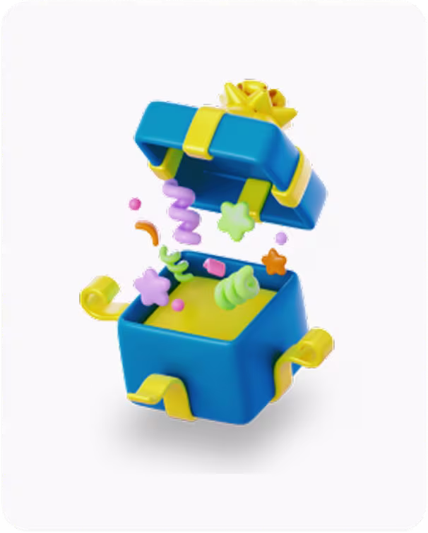 Caixa de presente aberta com confetis e formas coloridas representando a oferta de recompensas na aplicação móvel.