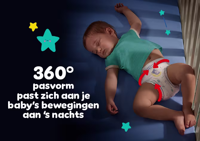 Afbeelding van baby die een luierbroekje draagt met pijlen die verwijzen naar de 360° pasvorm