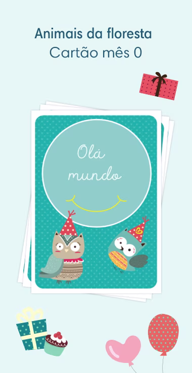 Cartões impressos para comemorar o nascimento do seu bebê. Decorados com motivos alegres, incluindo duas corujas da floresta e uma nota comemorativa: Hello World!