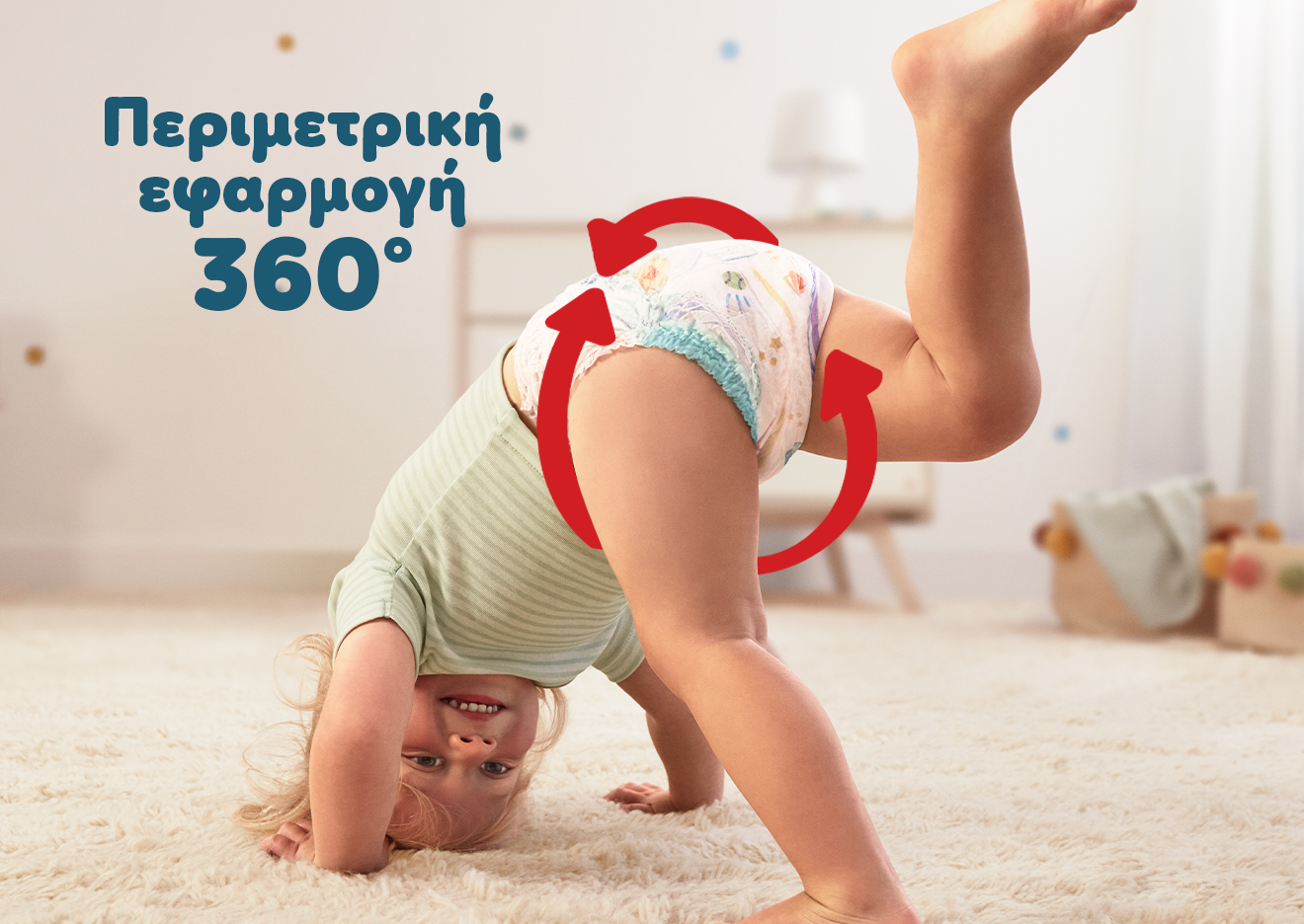 Δίπλα σε νήπιο που φοράει πάνα-βρακάκι, υπάρχει η φράση «Περιμετρική εφαρμογή 360°».