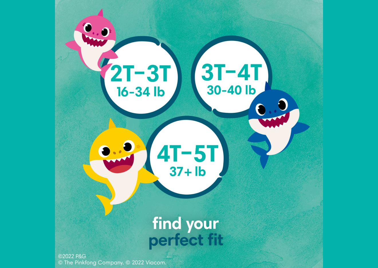 La imagen muestra los tamaños disponibles de los pantalones de entrenamiento Pampers Pure de 2T a 5T