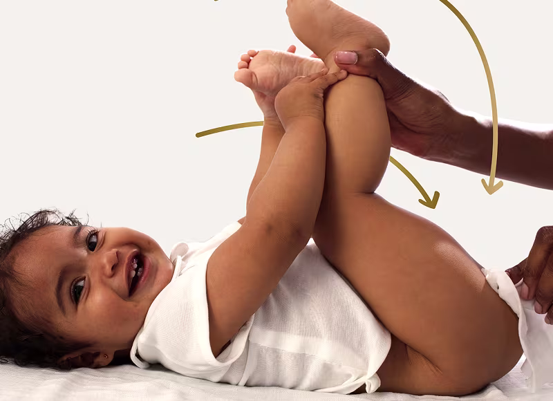 Un bebé está tumbado de espaldas sobre una superficie blanca, levantando los pies mientras un padre utiliza una toallita para limpiar el trasero del bebé.