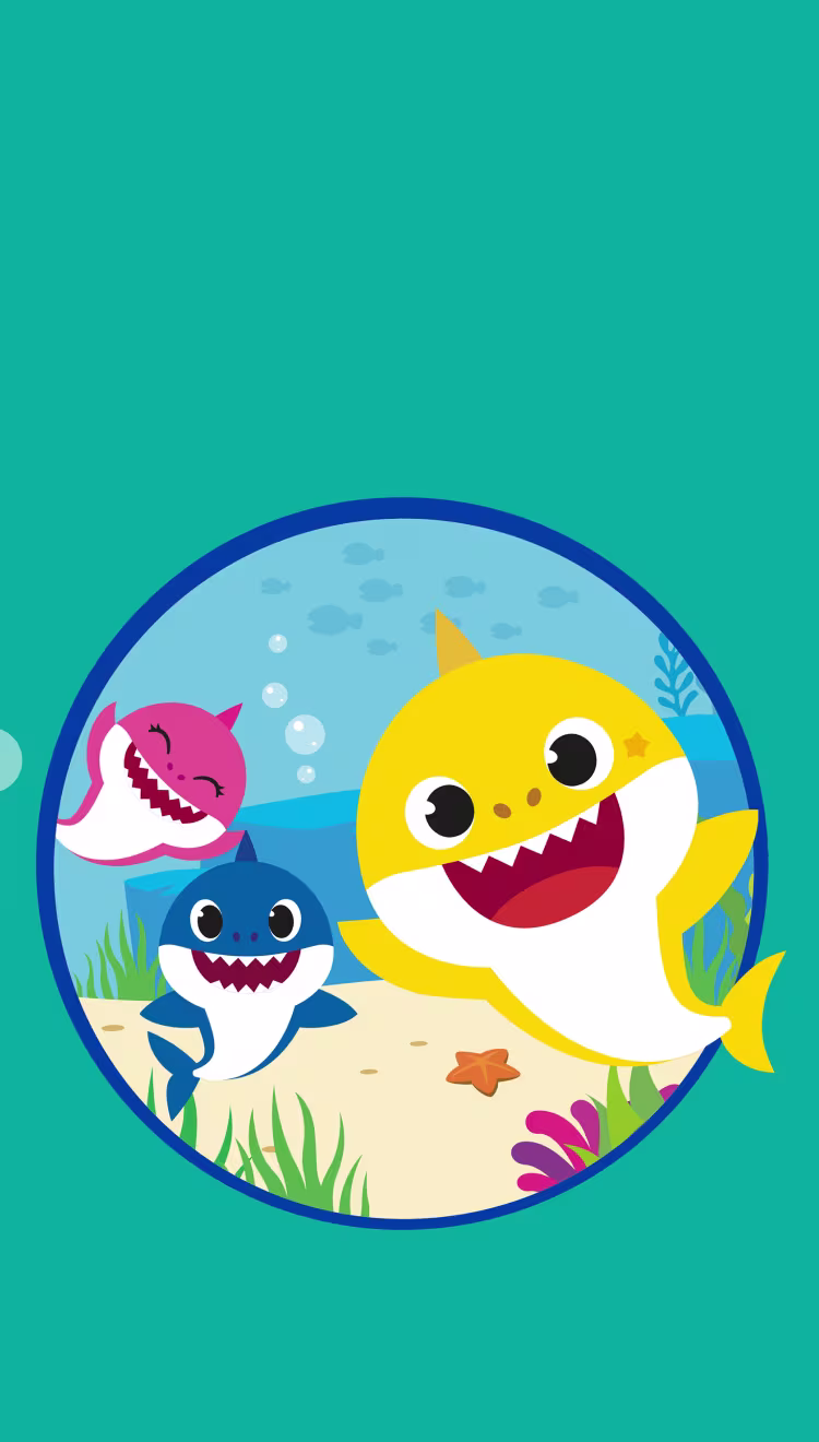 Illustratie van de Baby Shark-personages, die het Baby Shark-design van Pampers® Splashers benadrukt.