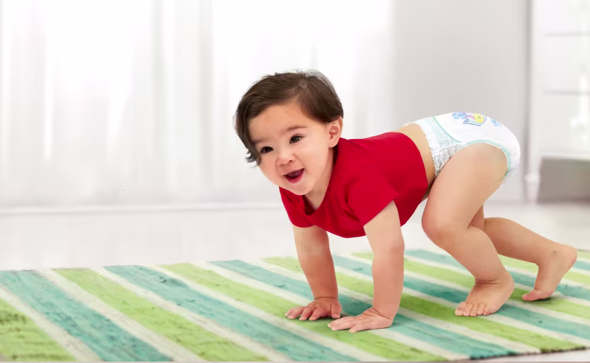 Kleines Kind krabbelt und trägt ein rotes Shirt sowie Pampers® Premium Protection™ Pants.