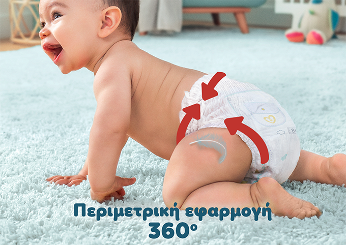 Δίπλα σε μωρό που φοράει πάνα-βρακάκι, υπάρχει η φράση «Περιμετρική εφαρμογή 360°».