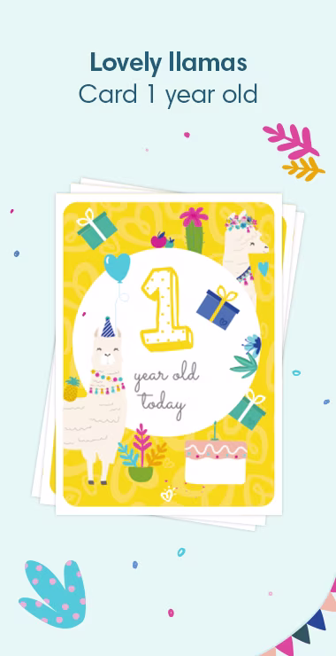 Printed cards to celebrate your baby's 1st birthday. Decorated with happy motifs  including the lovely llama and a celebration note: 1 year's old today!