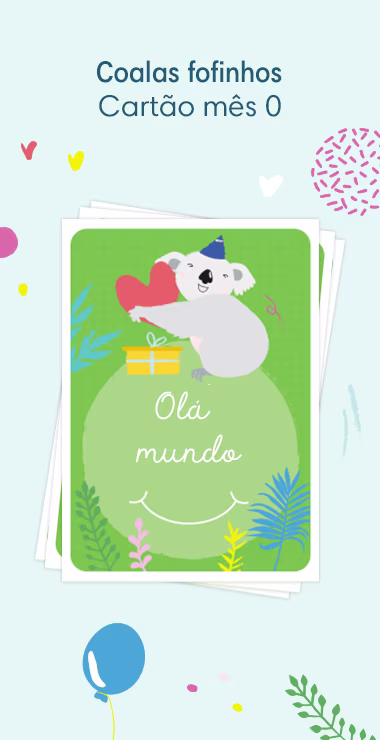 Cartões impressos para comemorar o nascimento do seu bebê. Decorados com motivos alegres, incluindo o fofo coala e uma nota comemorativa: Hello World!
