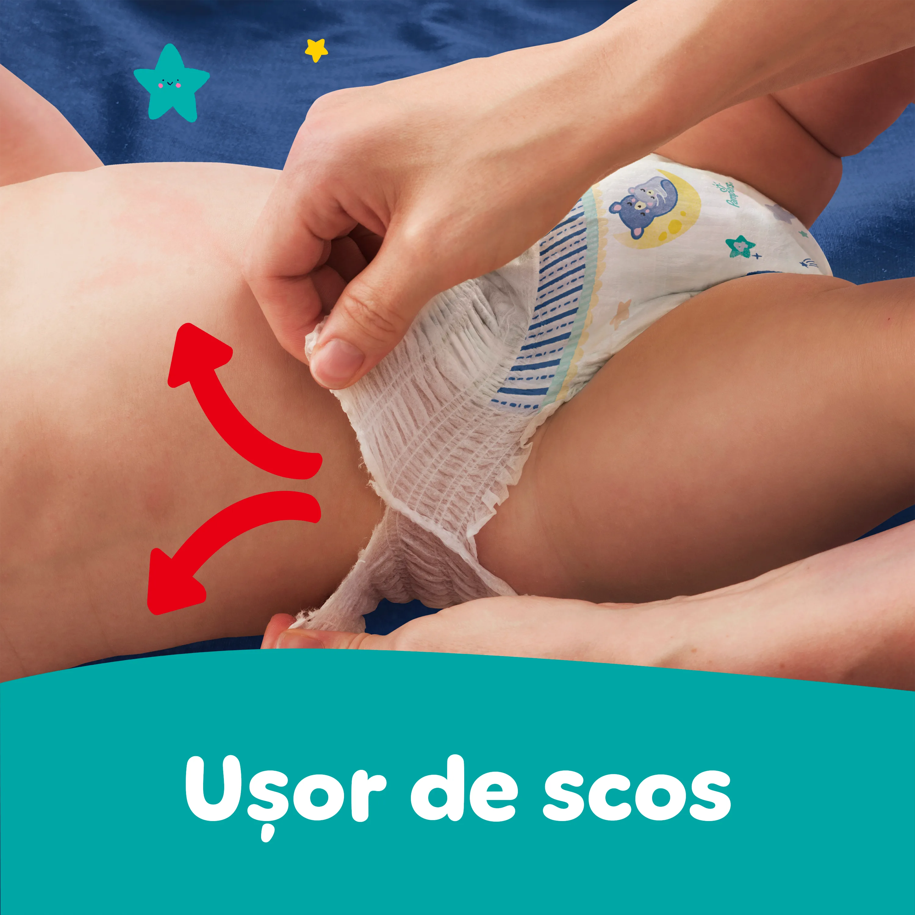 Imagine în care se arată cât de ușor se scoate scutecul prin ruperea lateralelor.