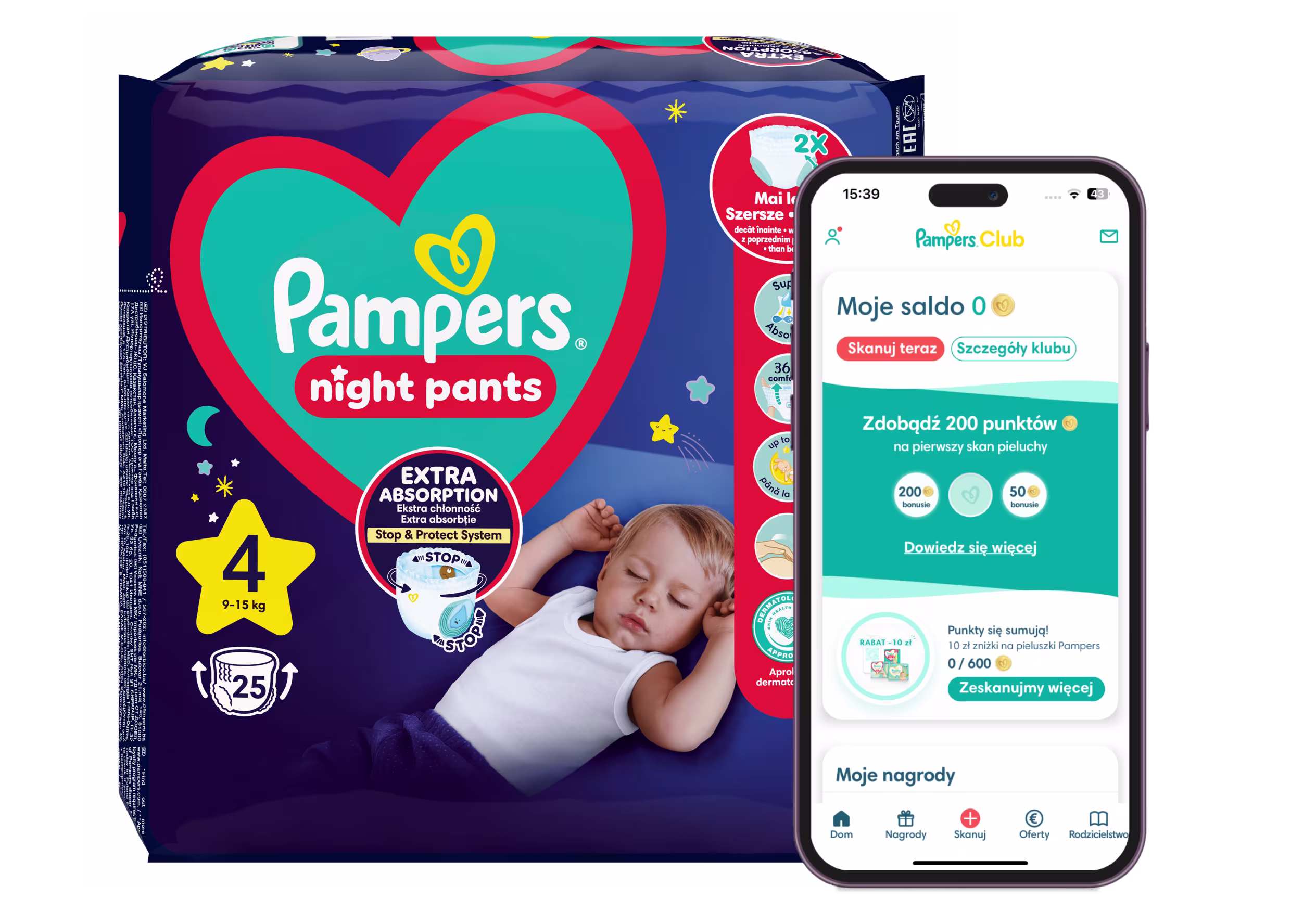 Logo Pampers Club i opakowanie pieluszek z aplikacją Pampers Club pokazaną na telefonie
