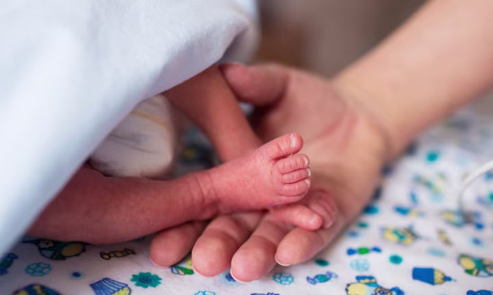 BU: Mutter berührt Füße ihres Frühchens