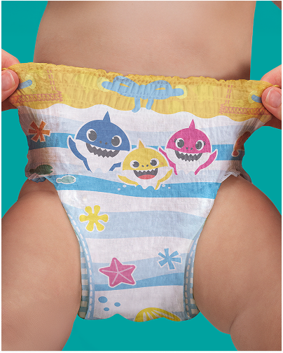 A baby wears a Baby Shark-themed swim diaper with blue and white stripes and colorful shark characters, with hands gently holding the sides.