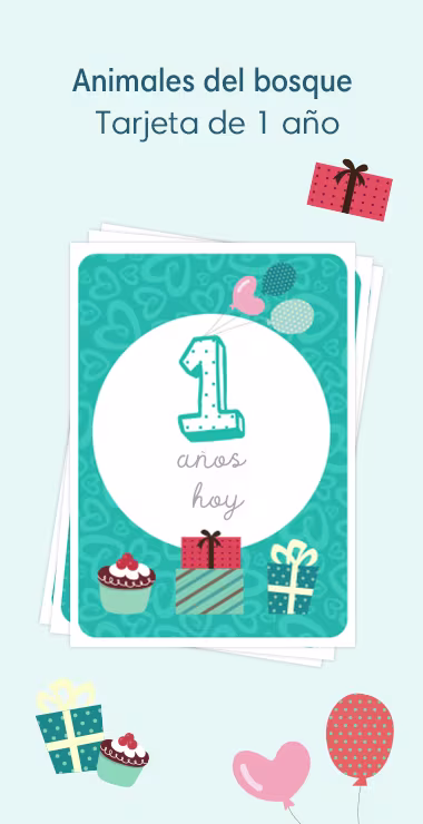 Printed cards to celebrate your baby's birth. Decorated with happy motifs  includinga presents, cakes, and balloons and a celebration note: 1 year old  today!