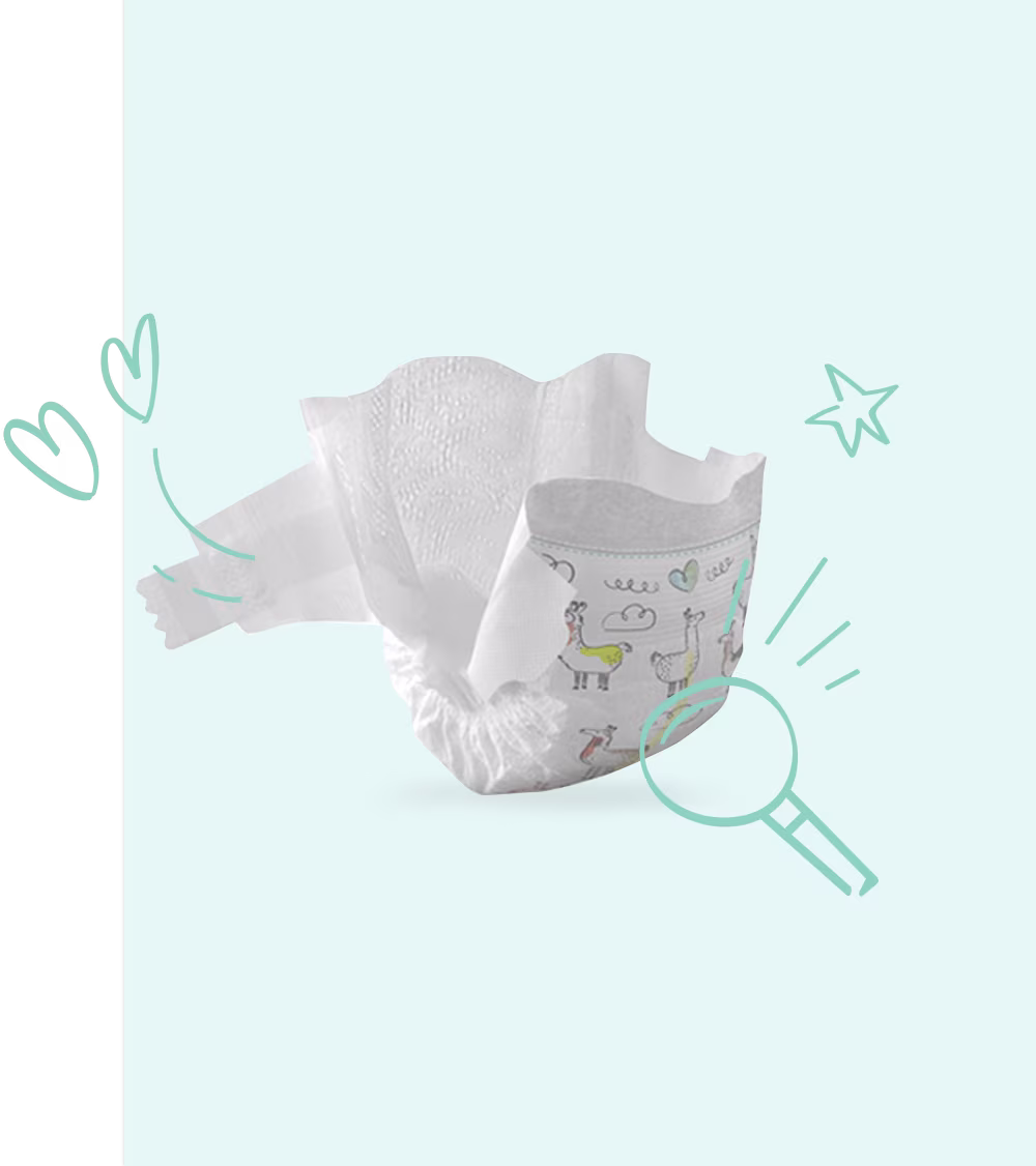 Full view of Pampers Pure Protection diaper's and it's different components: absorbent core, elasticated leg cuffs, waist strap fastening system, and wetness indicator strip. Our diapers are beautifully illustrated with hand-drawn motifs.