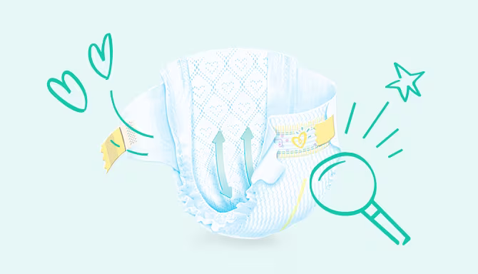 استعراض كامل لبامبرز عناية خاصة لحديثي الولادة ومكوناته المُفصلة: طبقة أساسية ماصّة وطبقة علوية وأخرى خلفية والأربطة المطاطة.
