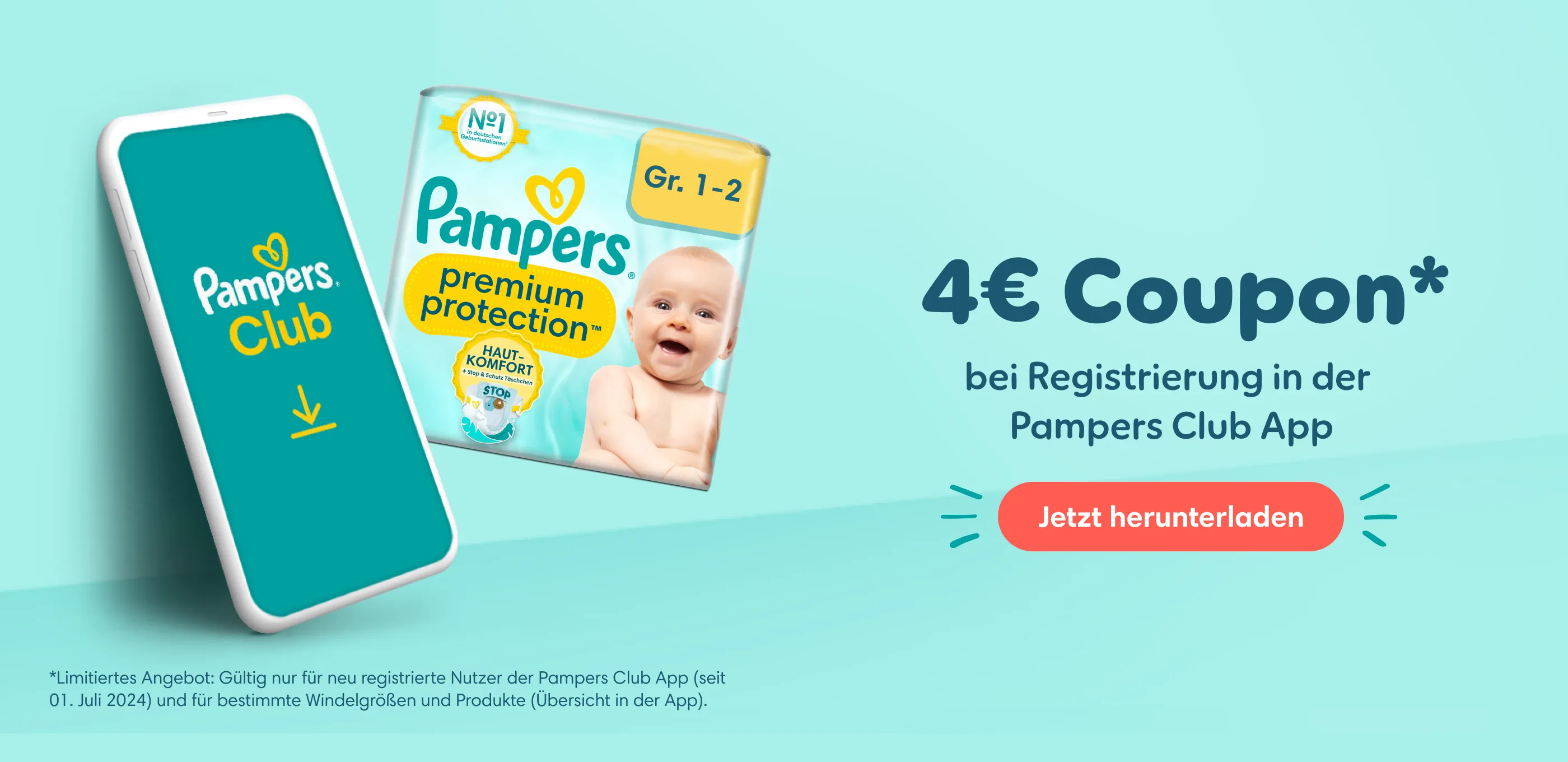 4€ Rabatt auf Pampers Premium Protection Größe 1-2