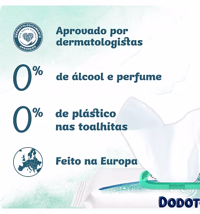 Um close-up das toalhitas Dodot Pure Cuida & Protege a serem retiradas da embalagem e a lista de certificações.