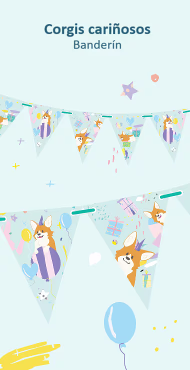 Nuestras banderolas están decoradas con divertidas ilustraciones y motivos, con un fondo azul claro, formas coloridas, regalos y globos, ¡y el encantador corgi!