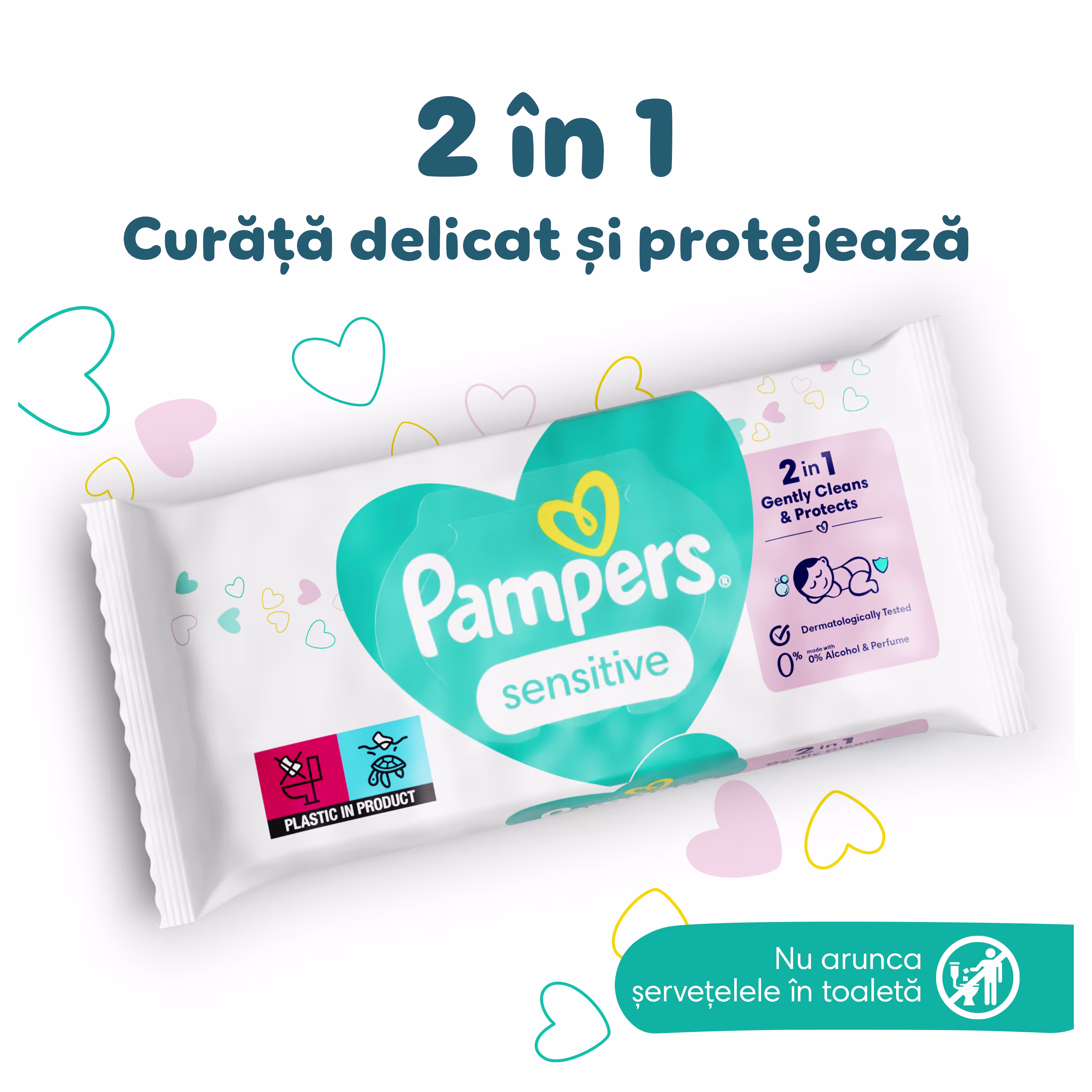 Prim-plan pe un pachet de șervețele umede Pampers Sensitive.