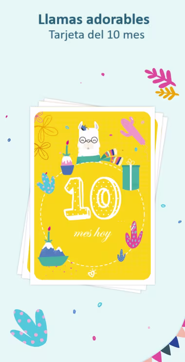 Tarjetas impresas para celebrar los 10 meses de tu bebé. Decoradas con alegres motivos que incluyen la adorable llama y una nota de celebración: ¡Hoy hace 10 meses!