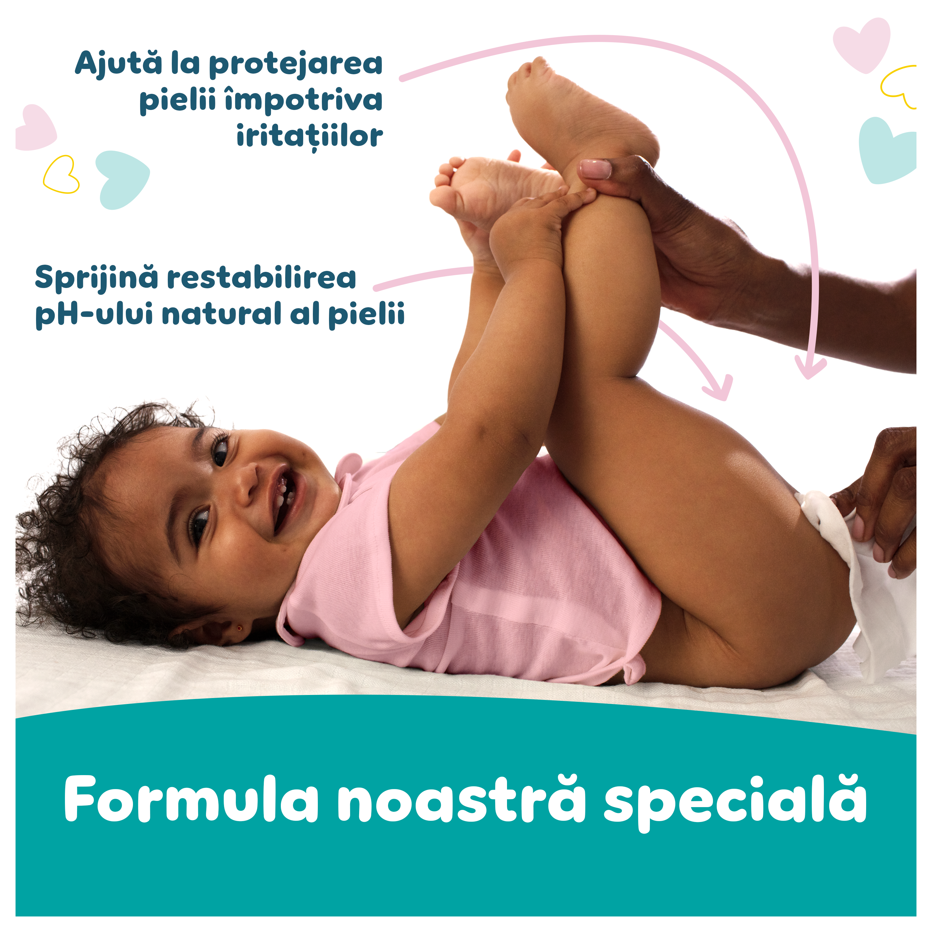 Un bebe stă întins pe spate, jucându-se și ținându-și picioarele. Textul subliniază că formula specială a șervețelelor umede Pampers Sensitive 0% Plastic ajută la protejarea pielii delicate împotriva iritațiilor și la restabilirea nivelului natural de pH.