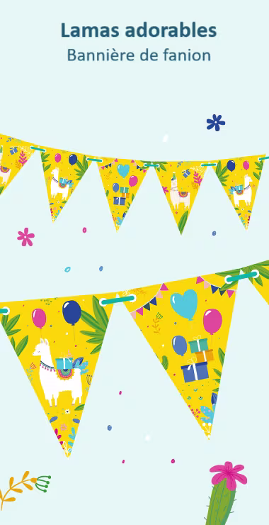 Nos bannières pennant sont décorées d'illustrations et de motifs amusants, avec un fond jaune vif, des plantes vertes, des cadeaux, des ballons et le charmant lama !